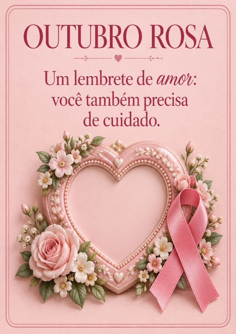 Imagem Outubro Rosa com coração rosa ornamentado, flores e laço de conscientização, com frase sobre precisar de cuidado